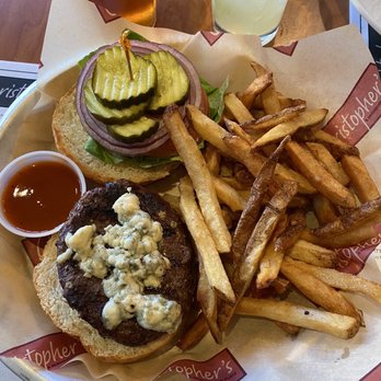 Christopher's a Neighborhood Place - Burger with blue cheese and fries - New American Near Me - Wayne, Pennsylvania