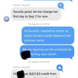 Confirmation from the manager that I had credit balance from summer camp.