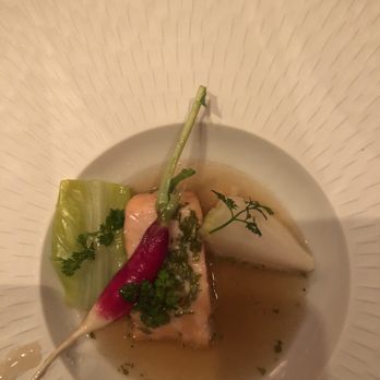 The Herbfarm - Most surprised dish of the evening. Salmon in beef broth. Delicious. - Modern European Near Me - Woodinville, Washington
