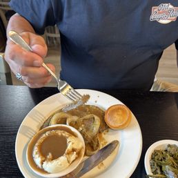 Liver & onions special with mashed potatoes & greens