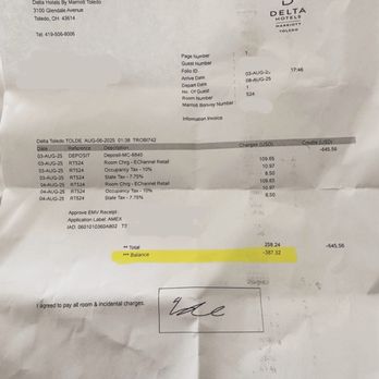 Delta Hotels Toledo - Photo of my receipt with a high lighted balance of what should be refunded to me. - Hotels Near Me - Toledo, Ohio