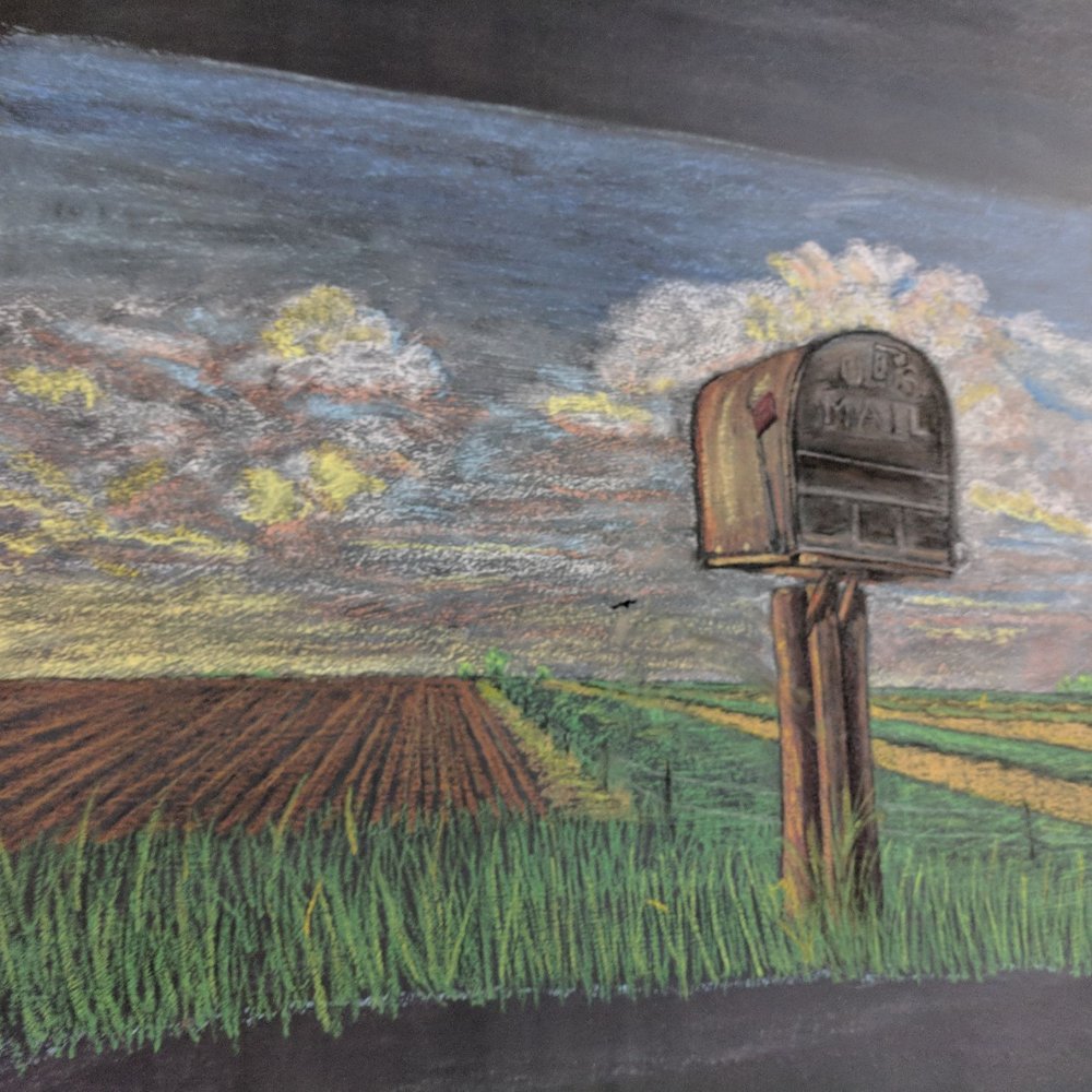 a chalk drawing of a mailbox in a field a chalk drawing of a mailbox in a field