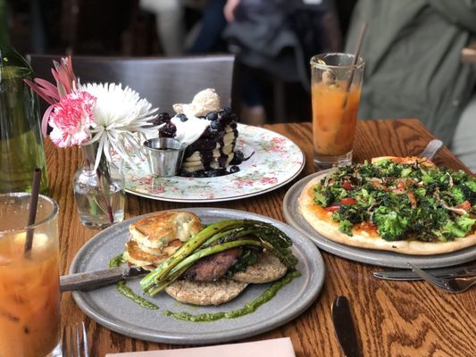 Photo of Plum Bistro - Seattle, WA, US. Veggie slam, veggie monster pizza and blueberry stack.