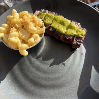 Whiskey 'N Rye Smokehouse - Flat Iron Steak medium rare (cook was perfect) with Mac n cheese! - Barbeque Near Me - Solvang, California Whiskey 'N Rye Smokehouse - Flat Iron Steak medium rare (cook was perfect) with Mac n cheese! - Barbeque Near Me - Solvang, California
