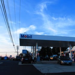 Mobil sign on the canopy over the pumps, even though it's also Exxon