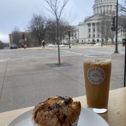 Iced Chai latte with Oat Milk and a Blueberry Muffin
