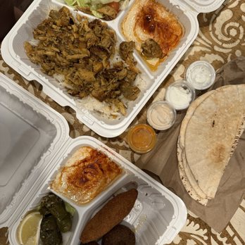 Al Hamra Kabob Grill Lomita - Chicken shawarma plate & Mezze sampler (grape leaves, babaganoush, kibbeh, and falafel) - Halal Near Me - Lomita, California Al Hamra Kabob Grill Lomita - Chicken shawarma plate & Mezze sampler (grape leaves, babaganoush, kibbeh, and falafel) - Halal Near Me - Lomita, California
