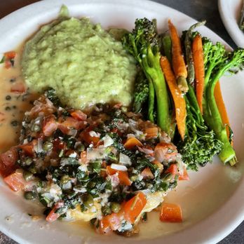 Hank's Petaluma - Petaluma style "sole" food. Petrole  Sole with Pesto Mashed and mixed summer veg. -very generous portions. - Pizza Near Me - Petaluma, California