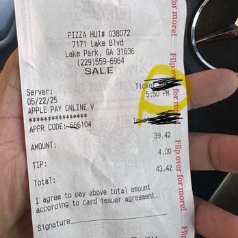Pizza Hut - Receipt for when I placed the order online, pick up was for 6:10pm now 6:37 pm still waiting - Pizza Near Me - Lake Park, Georgia Pizza Hut - Receipt for when I placed the order online, pick up was for 6:10pm now 6:37 pm still waiting - Pizza Near Me - Lake Park, Georgia