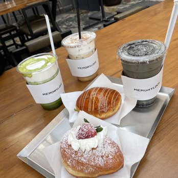 Memorylook - Matcha Einspinnar, vanilla einspinnar and chrome latte. Strawberry cream and matcha brulee donuts - Coffee & Tea Near Me - Los Angeles, California Memorylook - Matcha Einspinnar, vanilla einspinnar and chrome latte. Strawberry cream and matcha brulee donuts - Coffee & Tea Near Me - Los Angeles, California