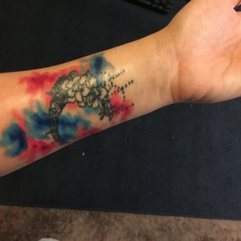 Physical Graffiti Tattoo - Crescent moon with water color background. - Tattoo Near Me - Sedona, Arizona Physical Graffiti Tattoo - Crescent moon with water color background. - Tattoo Near Me - Sedona, Arizona