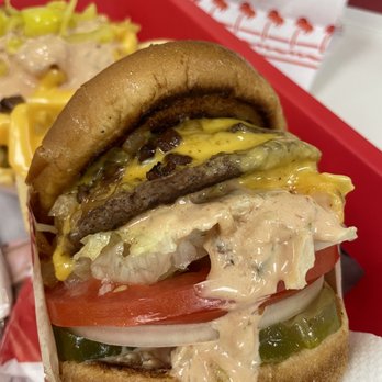 In-N-Out Burger - 3x2 animal style + regular onions + chopped chiles - Fast Food Near Me - Millbrae, California