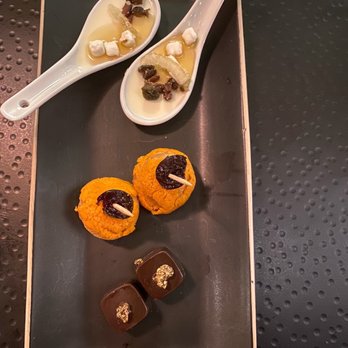 Eleven - Sweet Symphony which includes from top to bottom: Fromage Panna Cotta, "Old Fashioned Cream Puffs" and Mocha Bon Bons - Cocktail Bars Near Me - Honolulu, Hawaii