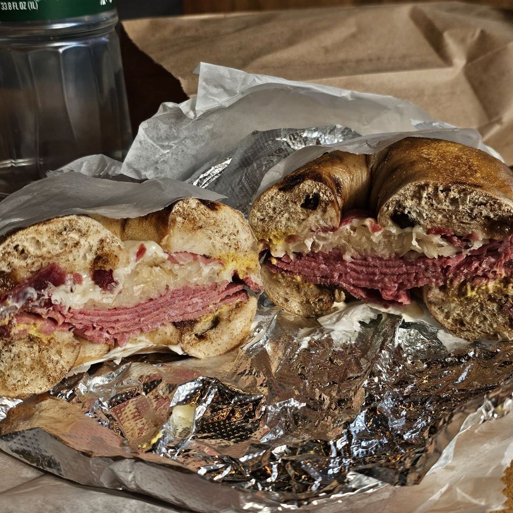 Hot pastrami on a cinnamon raisin bagel Hot pastrami on a cinnamon raisin bagel