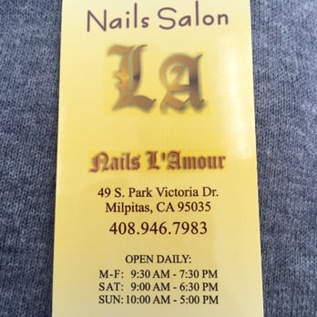 Nails L'amour - This is a picture of their business card which has their hours of operation. - Nail Salons Near Me - Milpitas, California Nails L'amour - This is a picture of their business card which has their hours of operation. - Nail Salons Near Me - Milpitas, California