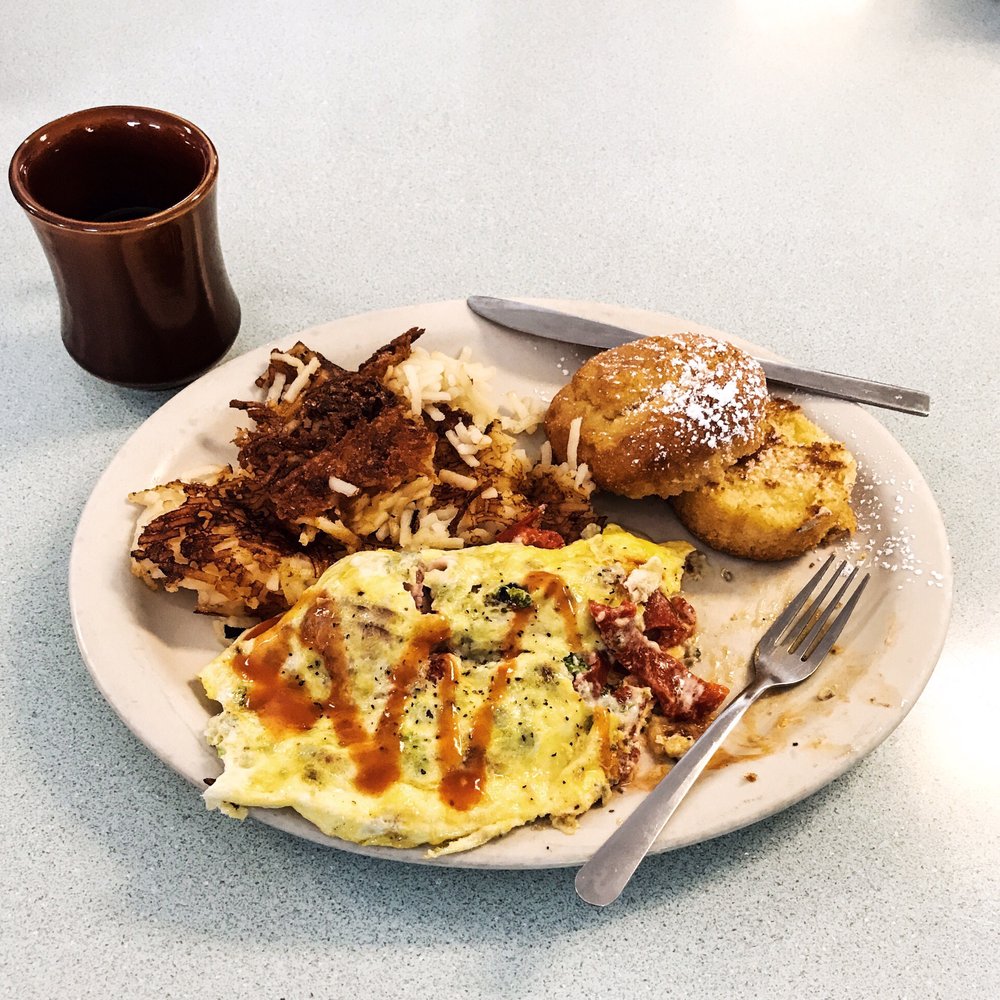 Triangle Diner - Gorgonzola, ham, broccoli, and red pepper omelette. Pared with hash browns and a fresh homemade grilled corn muffin! - Diners Near Me - Saratoga Springs, New York Triangle Diner - Gorgonzola, ham, broccoli, and red pepper omelette. Pared with hash browns and a fresh homemade grilled corn muffin! - Diners Near Me - Saratoga Springs, New York