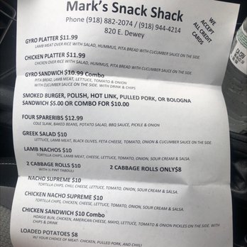Mark’s Snack Shack - Menu front - Sandwiches Near Me - Sapulpa, Oklahoma