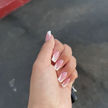 Mink Nails & Spa - V-French Tips, pink acrylic base with circle rhinestone - Nail Salons Near Me - Thousand Oaks, California
