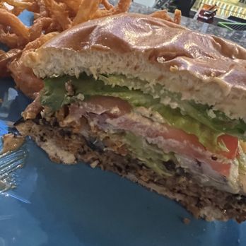 Fishbones Raw Bar And Restaurant - Hatteras Burger no cheese and Tabasco Onion rings. - Seafood Near Me - Duck, North Carolina