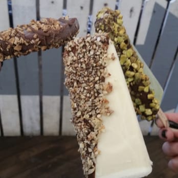 Popbar - Vanilla with mint chocolate  and hazelnuts, green tea with mint chocolate and pistachios, and a chocolate ice cream with waffle bits - Desserts Near Me - Anaheim, California