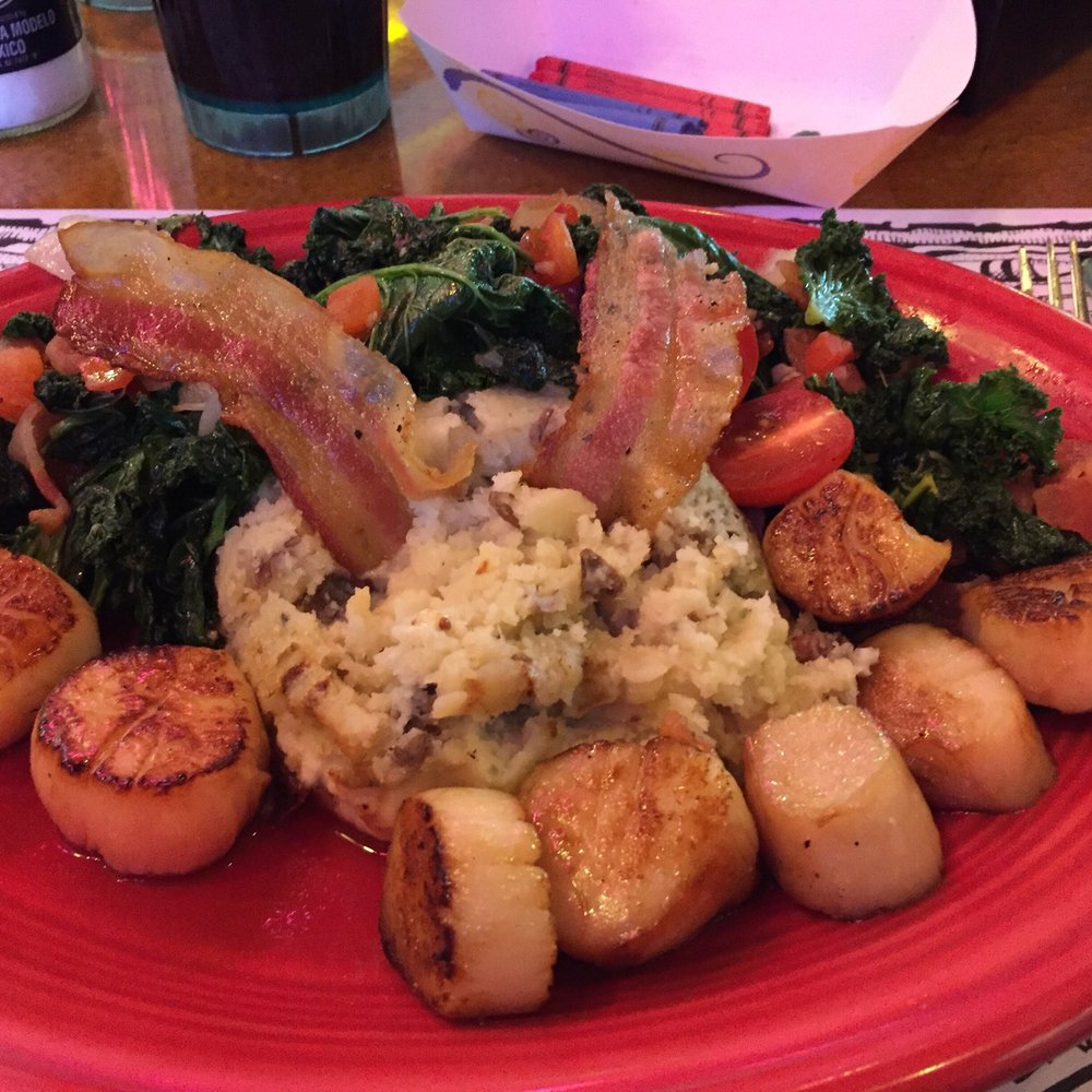 Geddy's - Scallops with bacon, garlic mashed and sautéed kale... - Seafood Near Me - Bar Harbor, Maine Geddy's - Scallops with bacon, garlic mashed and sautéed kale... - Seafood Near Me - Bar Harbor, Maine