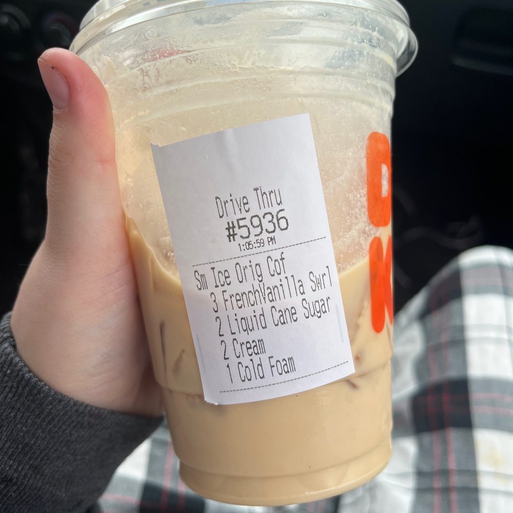 Small Iced Vanilla Coffee with liquid sugar, cream, and cold foam.