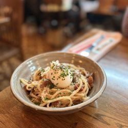 Stoneburner - BUCATINI - smoked bacon / shallot / / poached egg / parm