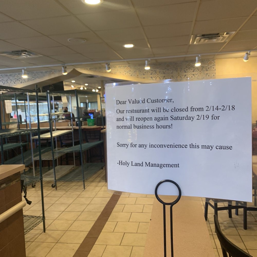 Holy Land - Sign saying restaurant is closed, but grocery/deli is still open (edit: in 2022, this is how they closed up) - Bakeries Near Me - Minneapolis, Minnesota Holy Land - Sign saying restaurant is closed, but grocery/deli is still open (edit: in 2022, this is how they closed up) - Bakeries Near Me - Minneapolis, Minnesota