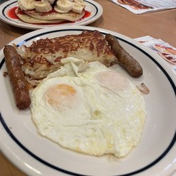 Eggs over easy , hash brown, pork sausage Eggs over easy , hash brown, pork sausage