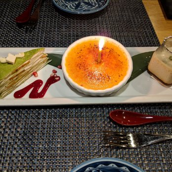 Sushi Taro - Green tea crepe cake, pumpkin creme brulee, and a tea custard - Sushi Bars Near Me - Washington, DC, District of Columbia Sushi Taro - Green tea crepe cake, pumpkin creme brulee, and a tea custard - Sushi Bars Near Me - Washington, DC, District of Columbia