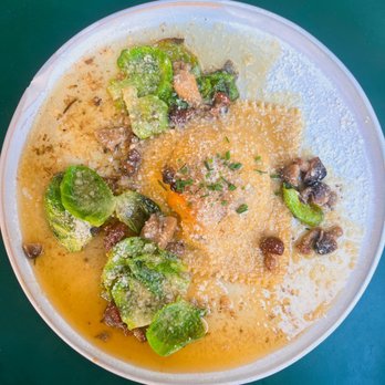 Norcina - Truffle Raviolo w/ egg, hedgehog mushrooms, brussel sprouts, whipped ricotta | $22 - Italian Near Me - San Francisco, California Norcina - Truffle Raviolo w/ egg, hedgehog mushrooms, brussel sprouts, whipped ricotta | $22 - Italian Near Me - San Francisco, California