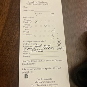 Murphy's Chophouse - Comment card - Steakhouses Near Me - Murphy, North Carolina