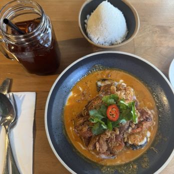 Up Thai - Soft Shell Crab Gaeng Kua with white rice. Thai tea. - Thai Near Me - New York, New York Up Thai - Soft Shell Crab Gaeng Kua with white rice. Thai tea. - Thai Near Me - New York, New York