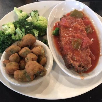 Cotton Patch Cafe - Lunch-sized portion of meatloaf with broccoli and fried okra. - Comfort Food Near Me - Frisco, Texas Cotton Patch Cafe - Lunch-sized portion of meatloaf with broccoli and fried okra. - Comfort Food Near Me - Frisco, Texas