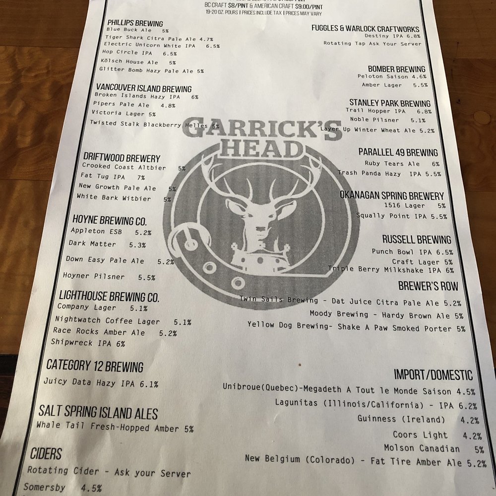 Garrick's Head Pub - Beer menu - Pubs Near Me - Victoria, British Columbia Garrick's Head Pub - Beer menu - Pubs Near Me - Victoria, British Columbia