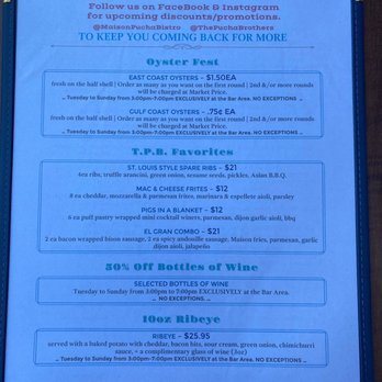 Maison Pucha Bistro - The back of the HH menu - French Near Me - Houston, Texas Maison Pucha Bistro - The back of the HH menu - French Near Me - Houston, Texas