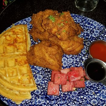 Yardbird - Chicken and waffles with awkward side of watermelon - Southern Near Me - Las Vegas, Nevada