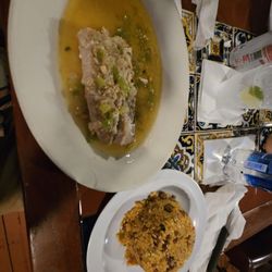 Katrina's - "Dorado" filet (Mahi Mahi) and manposteao rice.