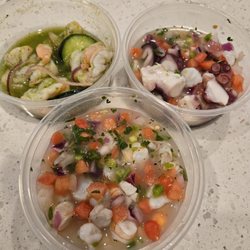 Northgate Market - Top left to right: Aguachile shrimp ceviche, octopus shrimp ceviche, and bottom is shrimp ceviche