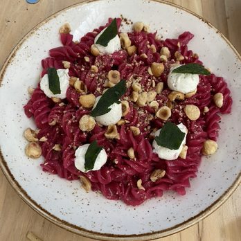 L'Oca d'Oro - Fusilli Rosse, beet brown butter purée, sage, whipped ricotta, hazelnuts - Italian Near Me - Austin, Texas L'Oca d'Oro - Fusilli Rosse, beet brown butter purée, sage, whipped ricotta, hazelnuts - Italian Near Me - Austin, Texas