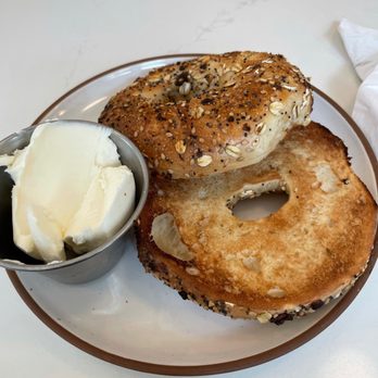 Slate Cafe - Toasted everything bagel with cream cheese - Cafes Near Me - New York, New York Slate Cafe - Toasted everything bagel with cream cheese - Cafes Near Me - New York, New York