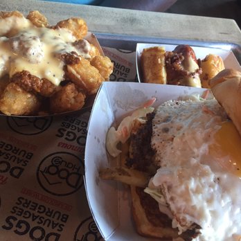 Dog Haus - Sandy - Frieburger with a small chili cheese dog and chili cheese tater tot's. My friend said it was super tasty. - New American Near Me - Sandy, Utah