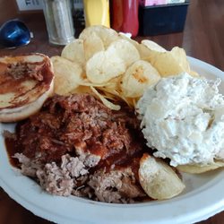 Three Sam's BBQ Joint - Chopped beef sandwich, potatp salad, and chips
