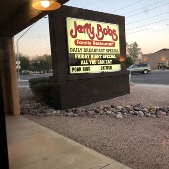 Jerry Bob's - A brightly lit sign outside Jerry Bob's Family Restaurant advertises daily breakfast, Friday night specials, and menu items like pork ribs and catfish. - Sandwiches Near Me - Tucson, Arizona