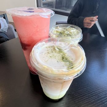 Yolo’s Cafe - strawberry smoothie, dirty matcha, and in the back is a regular matcha (both matchas have foam on top) - Bubble Tea Near Me - Bellflower, California