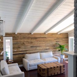 Art2walls - La Jolla house. Painted ceiling to give the house a bright beach look. Installed reclaimed wood accent wall.