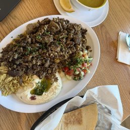 Beef Shawarma, lentil soup Beef Shawarma, lentil soup