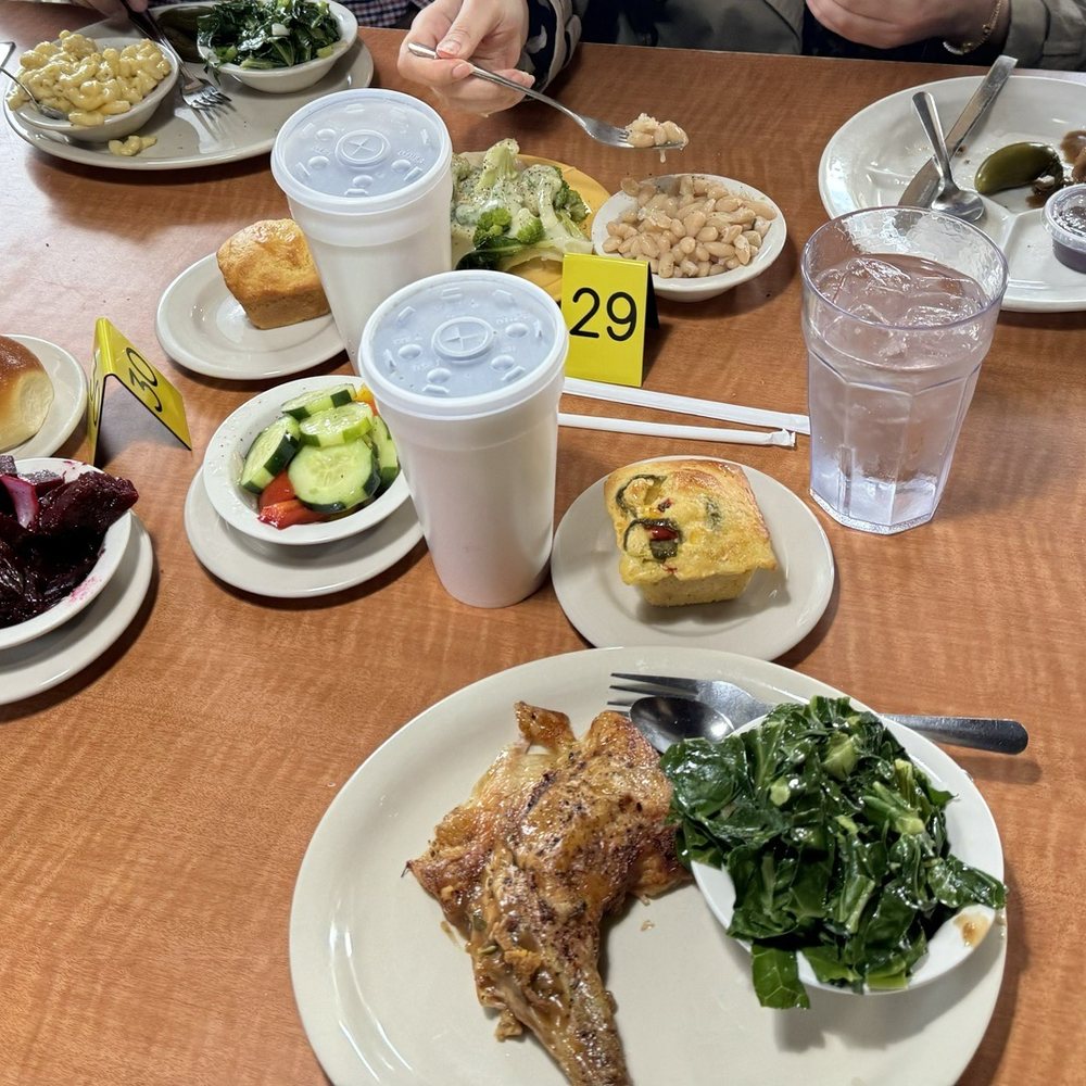 Roast chicken, dressing, gravy, collard greens, pickled beets, cucumber salad, jalapeño cornbread, dinner roll, Mac & Cheese Roast chicken, dressing, gravy, collard greens, pickled beets, cucumber salad, jalapeño cornbread, dinner roll, Mac & Cheese