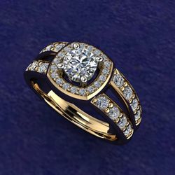 H Jewelers - Ladies cushion halo with round diamond wedding ring.