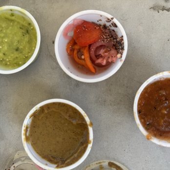 La Popular - Salsa sampler - disappointing. Not even full containers. - Mexican Near Me - Porter Ranch, California